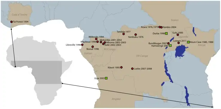 Ebola (and Marburg virus depicted as green squares) outbreaks on the African continent, both from the Filoviridae family.mw-parser-output cite.citation{font-style:inherit;word-wrap:break-word}.mw-parser-output .citation q{quotes:"\"""\"""'""'"}.mw-parser-output .citation:target{background-color:rgba(0,127,255,0.133)}.mw-parser-output .id-lock-free a,.mw-parser-output .citation .cs1-lock-free a{background:url("//upload.wikimedia.org/wikipedia/commons/6/65/Lock-green.svg")right 0.1em center/9px no-repeat}.mw-parser-output .id-lock-limited a,.mw-parser-output .id-lock-registration a,.mw-parser-output .citation .cs1-lock-limited a,.mw-parser-output .citation .cs1-lock-registration a{background:url("//upload.wikimedia.org/wikipedia/commons/d/d6/Lock-gray-alt-2.svg")right 0.1em center/9px no-repeat}.mw-parser-output .id-lock-subscription a,.mw-parser-output .citation .cs1-lock-subscription a{background:url("//upload.wikimedia.org/wikipedia/commons/a/aa/Lock-red-alt-2.svg")right 0.1em center/9px no-repeat}.mw-parser-output .cs1-ws-icon a{background:url("//upload.wikimedia.org/wikipedia/commons/4/4c/Wikisource-logo.svg")right 0.1em center/12px no-repeat}.mw-parser-output .cs1-code{color:inherit;background:inherit;border:none;padding:inherit}.mw-parser-output .cs1-hidden-error{display:none;color:#d33}.mw-parser-output .cs1-visible-error{color:#d33}.mw-parser-output .cs1-maint{display:none;color:#3a3;margin-left:0.3em}.mw-parser-output .cs1-format{font-size:95%}.mw-parser-output .cs1-kern-left{padding-left:0.2em}.mw-parser-output .cs1-kern-right{padding-right:0.2em}.mw-parser-output .citation .mw-selflink{font-weight:inherit}"Ebola Virus Disease Distribution Map: Cases of Ebola Virus Disease in Africa Since 1976". Centers for Disease Control and Prevention (CDC). 22 May 2018. Retrieved 10 October 2018..mw-parser-output cite.citation{font-style:inherit;word-wrap:break-word}.mw-parser-output .citation q{quotes:"\"""\"""'""'"}.mw-parser-output .citation:target{background-color:rgba(0,127,255,0.133)}.mw-parser-output .id-lock-free a,.mw-parser-output .citation .cs1-lock-free a{background:url("//upload.wikimedia.org/wikipedia/commons/6/65/Lock-green.svg")right 0.1em center/9px no-repeat}.mw-parser-output .id-lock-limited a,.mw-parser-output .id-lock-registration a,.mw-parser-output .citation .cs1-lock-limited a,.mw-parser-output .citation .cs1-lock-registration a{background:url("//upload.wikimedia.org/wikipedia/commons/d/d6/Lock-gray-alt-2.svg")right 0.1em center/9px no-repeat}.mw-parser-output .id-lock-subscription a,.mw-parser-output .citation .cs1-lock-subscription a{background:url("//upload.wikimedia.org/wikipedia/commons/a/aa/Lock-red-alt-2.svg")right 0.1em center/9px no-repeat}.mw-parser-output .cs1-ws-icon a{background:url("//upload.wikimedia.org/wikipedia/commons/4/4c/Wikisource-logo.svg")right 0.1em center/12px no-repeat}.mw-parser-output .cs1-code{color:inherit;background:inherit;border:none;padding:inherit}.mw-parser-output .cs1-hidden-error{display:none;color:#d33}.mw-parser-output .cs1-visible-error{color:#d33}.mw-parser-output .cs1-maint{display:none;color:#3a3;margin-left:0.3em}.mw-parser-output .cs1-format{font-size:95%}.mw-parser-output .cs1-kern-left{padding-left:0.2em}.mw-parser-output .cs1-kern-right{padding-right:0.2em}.mw-parser-output .citation .mw-selflink{font-weight:inherit}"Chronology of Marburg Hemorrhagic Fever Outbreaks". Centers for Disease Control and Prevention (CDC). Retrieved 10 October 2018.McNeil A., Rollin P., cc by sa