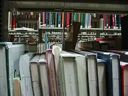 Bookshelves in a library