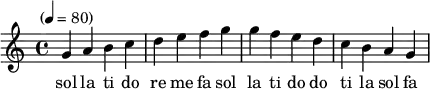 \language "english"
\transpose c c \relative c''
{\set Staff.midiInstrument = #"reed organ" \key c \major
\time 4/4 \tempo "" 4 = 80 %
g a b c d e f g g f e d c b a g
}
\addlyrics{sol la ti do re me fa sol la ti do do ti la sol fa me re do ti la sol}