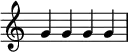{
\override Score.TimeSignature
#'stencil = ##f
\override Score.SpacingSpanner.strict-note-spacing = ##t
\set Score.proportionalNotationDuration = #(ly:make-moment 1/4)
\time 4/4
{ 
\clef treble
g' g' g' g'
 
   }
}