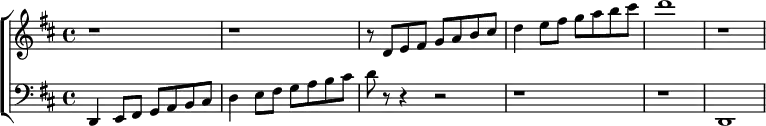 \language "english" \relative c{ \new ChoirStaff << \new Staff <<\new Voice 

\transpose c d 
% \transpose c c IS DEFAULT: CHANGE TO c d TWICE

{\clef treble \key c \major r1 r1 | r8  c' d'8 e' f' g' a' b' | c''4 d''8 e'' f'' g'' a'' b'' | c'''1 |r1} \new Staff 

\transpose c d 
% \transpose c c IS DEFAULT: CHANGE TO c d TWICE

{ \clef bass  \key c \major  c,4 d,8 e, f, g, a, b, | c4 d8 e f g a b | c' r8 r4 r2 r1 | r1 |c,1} >> >> }       
% close 