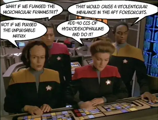 The crew from the TV series "Star Trek Voyager" with comic speech bubbles that showcase the aforementioned "technobabble"