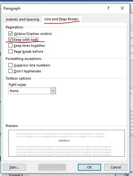 Paragraph Tab, 2nd tab, highlighting Keep With Next