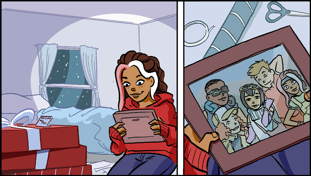 VISUAL: Misti is in her bedroom. She is holding a framed picture of her, Sonny, Raina, Ray, and Gayle. Four wrapped gifts can be seen. 