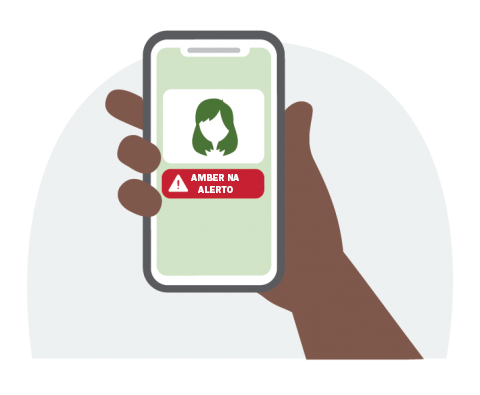 Ilustrasyon ng kamay na may hawak na telepono na may Amber Alert