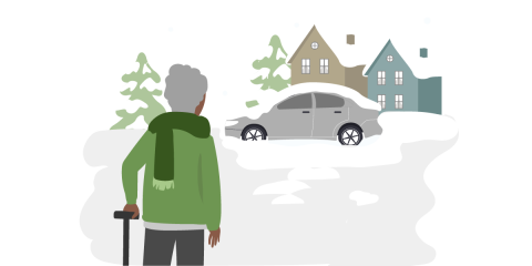 An older woman with a cane standing outside her house, her car is covered in snow.